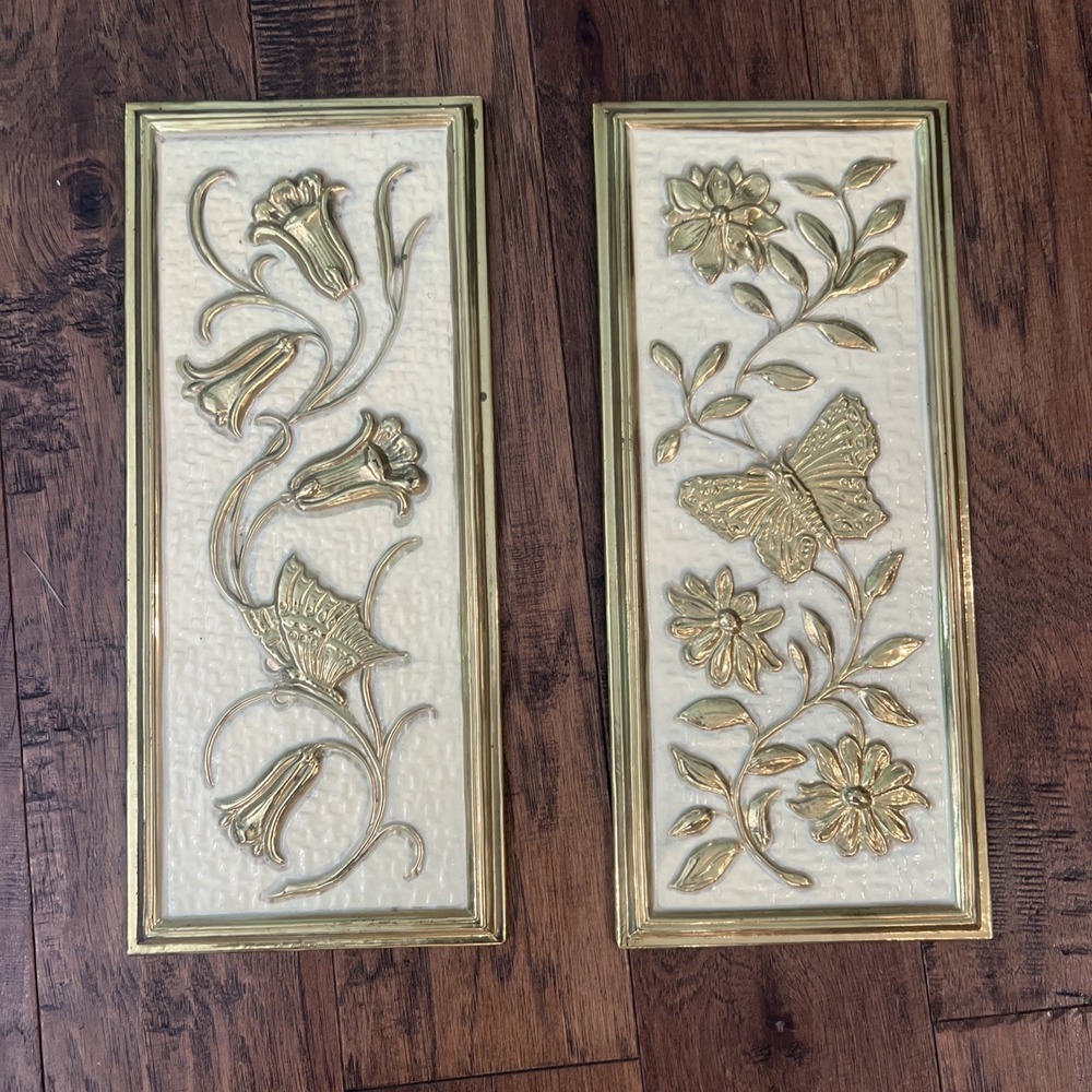 Vintage MCM Wall Panels Gold Floral Butterfly Cream 3D Set